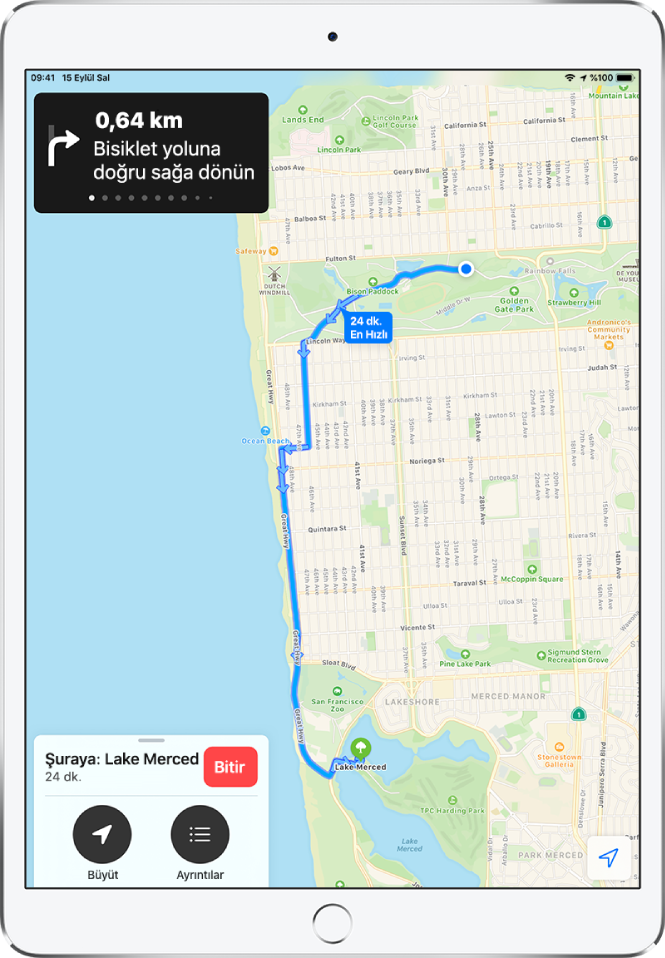 San Francisco’daki iki park arasında bisiklet için yol tarifini gösteren bir genel harita.