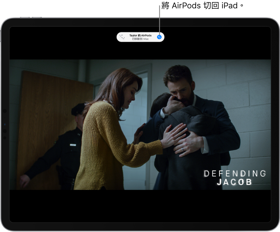 iPad 畫面最上方顯示「Taylor 的 AirPods Pro 已移至 Mac」訊息,以及用於將 AirPods 切換回 iPad 的按鈕。