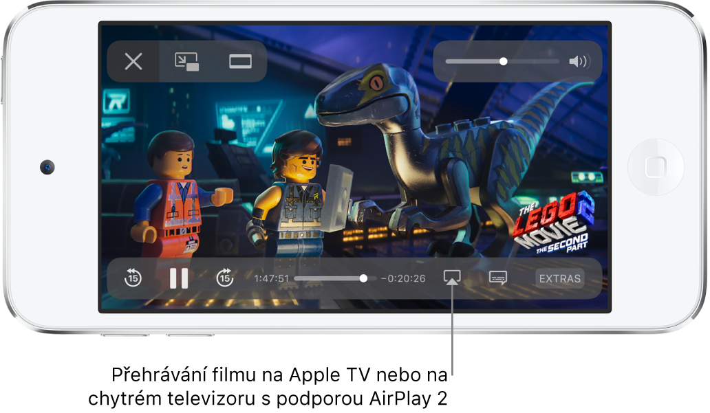 Na displeji iPodu touch se přehrává film. V dolní části obrazovky jsou vidět ovládací prvky pro přehrávání, mimo jiné tlačítko Zrcadlení obrazovky vpravo dole.