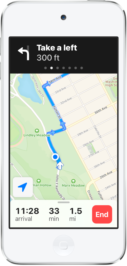 A map showing a walking route. At the top of the screen, a banner indicates when to take a left turn. The End button appears at the bottom of the screen.