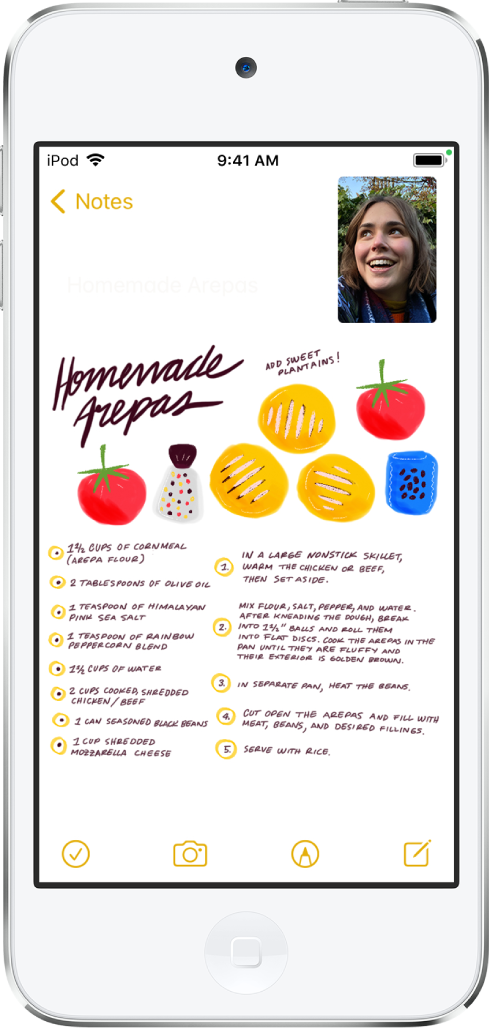 Pantalla con una conversación de FaceTime mientras se ve una receta en la app Notas, que ocupa el resto de la pantalla.