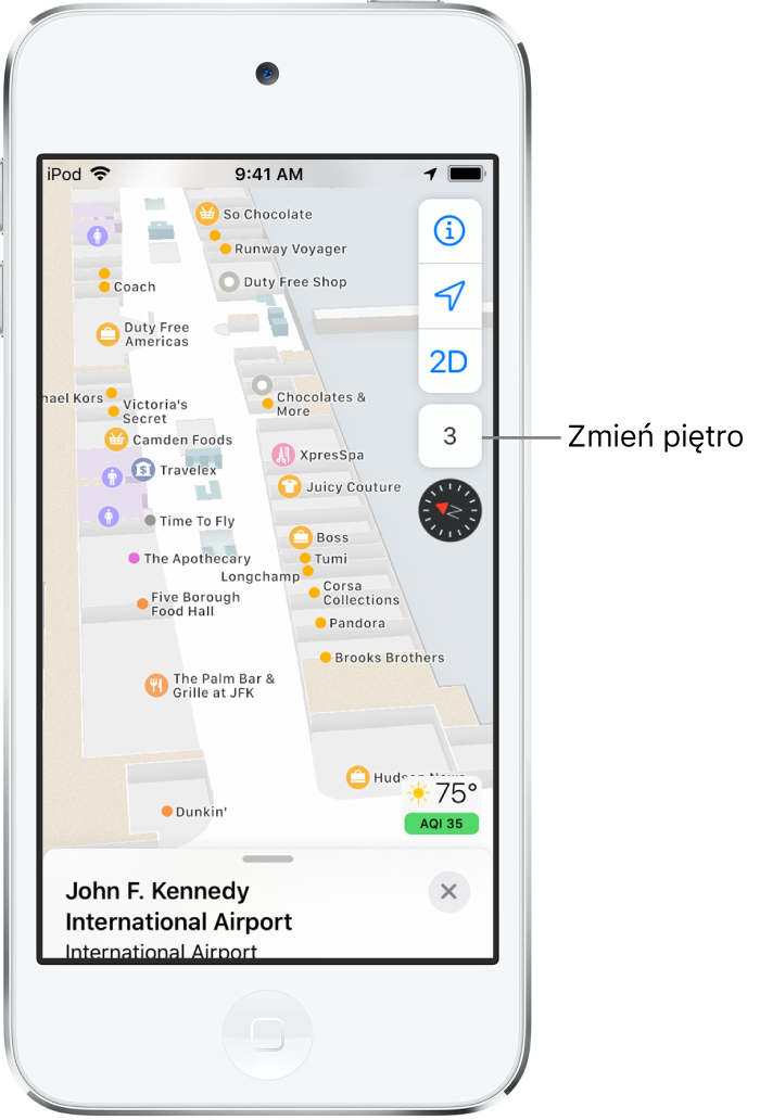 Mapa wnętrza przedstawiająca terminal lotniska. Na mapie widoczne są sklepy oraz toalety.