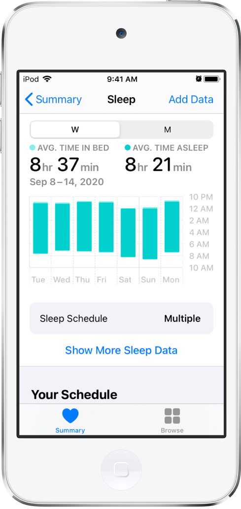 Tela Sono mostrando os dados de uma semana, incluindo o tempo médio na cama, a média de tempo dormindo e um gráfico dos tempos diários na cama e dormindo.