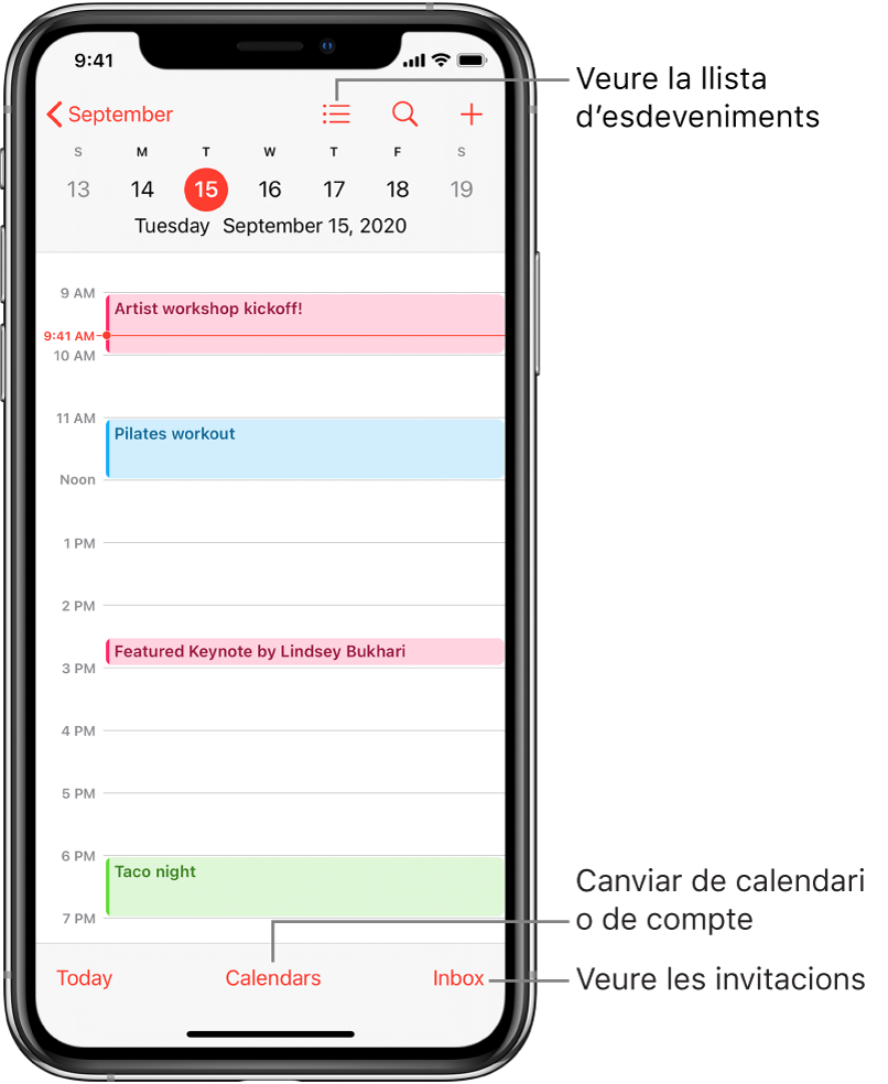 Calendari en vista de dia on es mostren els esdeveniments del dia. Toca el botó Calendaris, al capdavall de la pantalla per canviar els comptes del calendari. Toca el botó Entrada de l’angle inferior dret per veure les invitacions.
