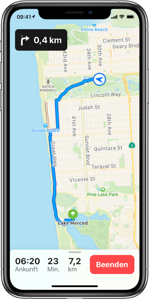 Eine Übersichtskarte mit der Fahrradroute zwischen zwei Parks in San Francisco.