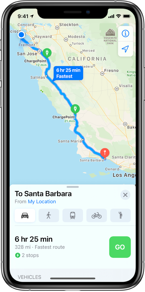 A map showing a driving route from San Francisco to Santa Barbara with two charging stops in between.