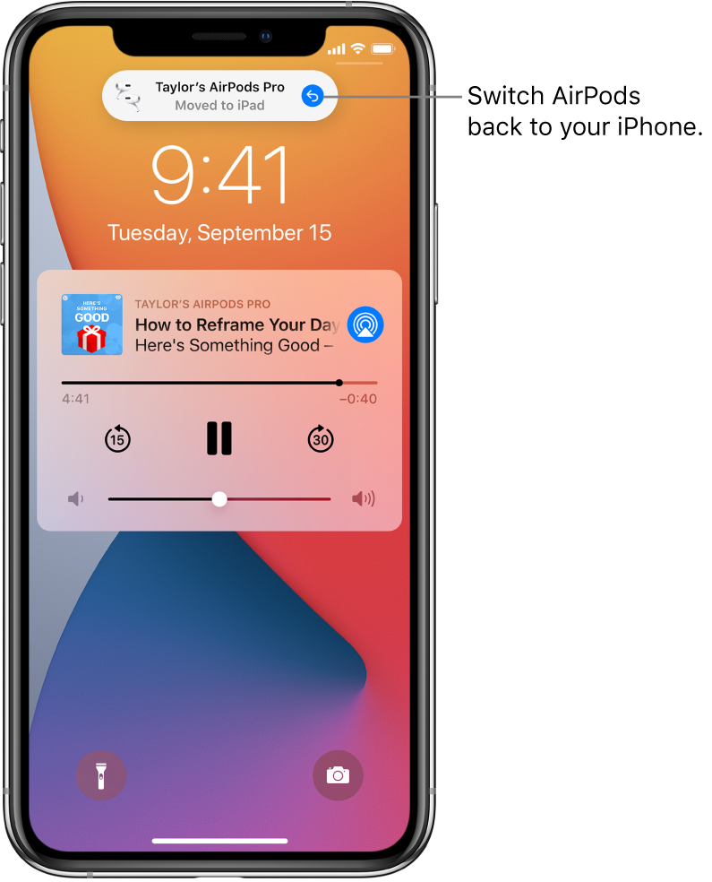 The Lock Screen with a message at the top reading “Taylor’s AirPods Pro Moved to iPad” and a button to switch the AirPods back to iPhone.