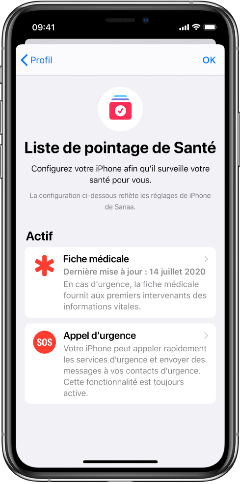 Écran « Liste de pointage de Santé » montrant que « Fiche médicale » et « Appel d’urgence » sont actifs.