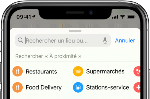 Des catégories correspondant à six services à proximité s’affichent en dessous du champ de recherche. Les catégories sont Restaurant, Épiceries, « Livraisons de nourriture » et « Stations-service ».