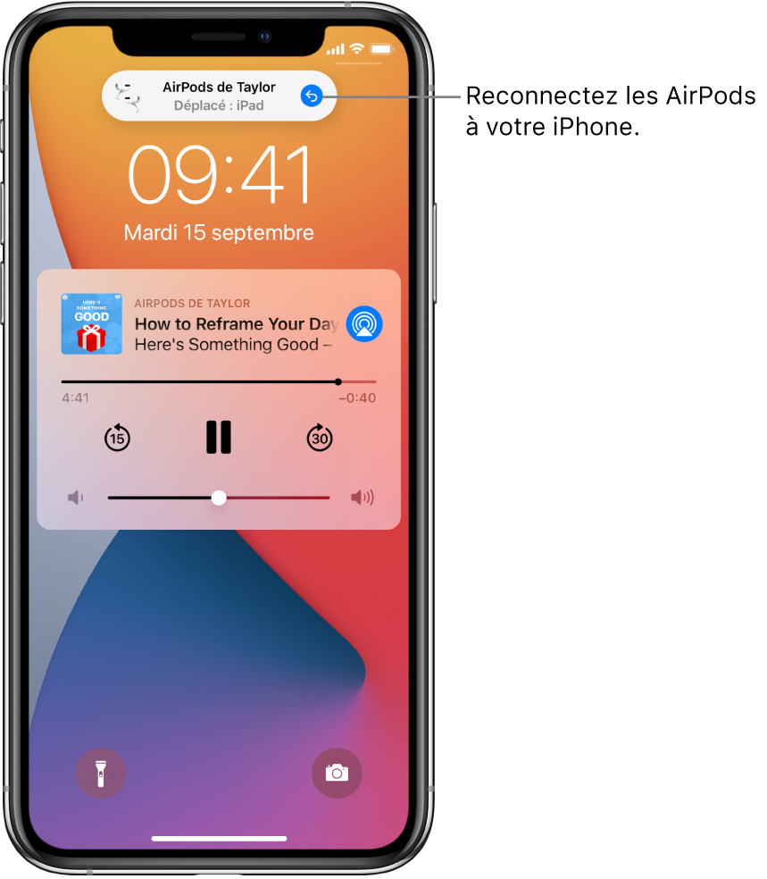 Écran verrouillé avec un message en haut indiquant « AirPods Pro de Taylor transférés vers iPad » et un bouton permettant de rebasculer les AirPods vers l’iPhone.