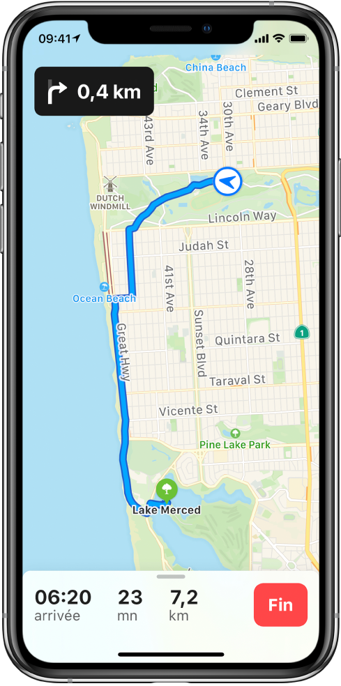 Un plan global montrant des itinéraires à vélo entre deux parcs à San Francisco.
