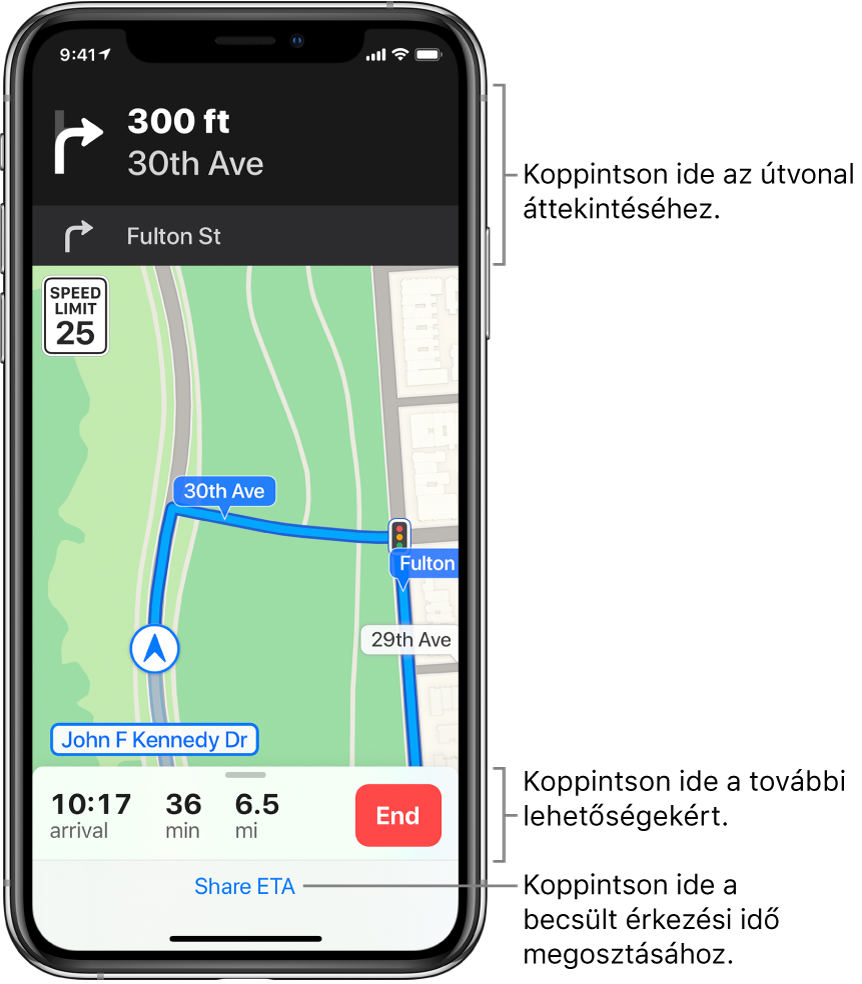 Autós útvonal a térképen egy útvonaltervvel, mely szerint 90 méter megtétele után jobbra kell fordulni. A térkép alján az érkezési idő, az utazási idő és az útvonal teljes hossza látható a Befejezés gombtól balra. A képernyő alján a Becsült érkezési idő megosztása látható.