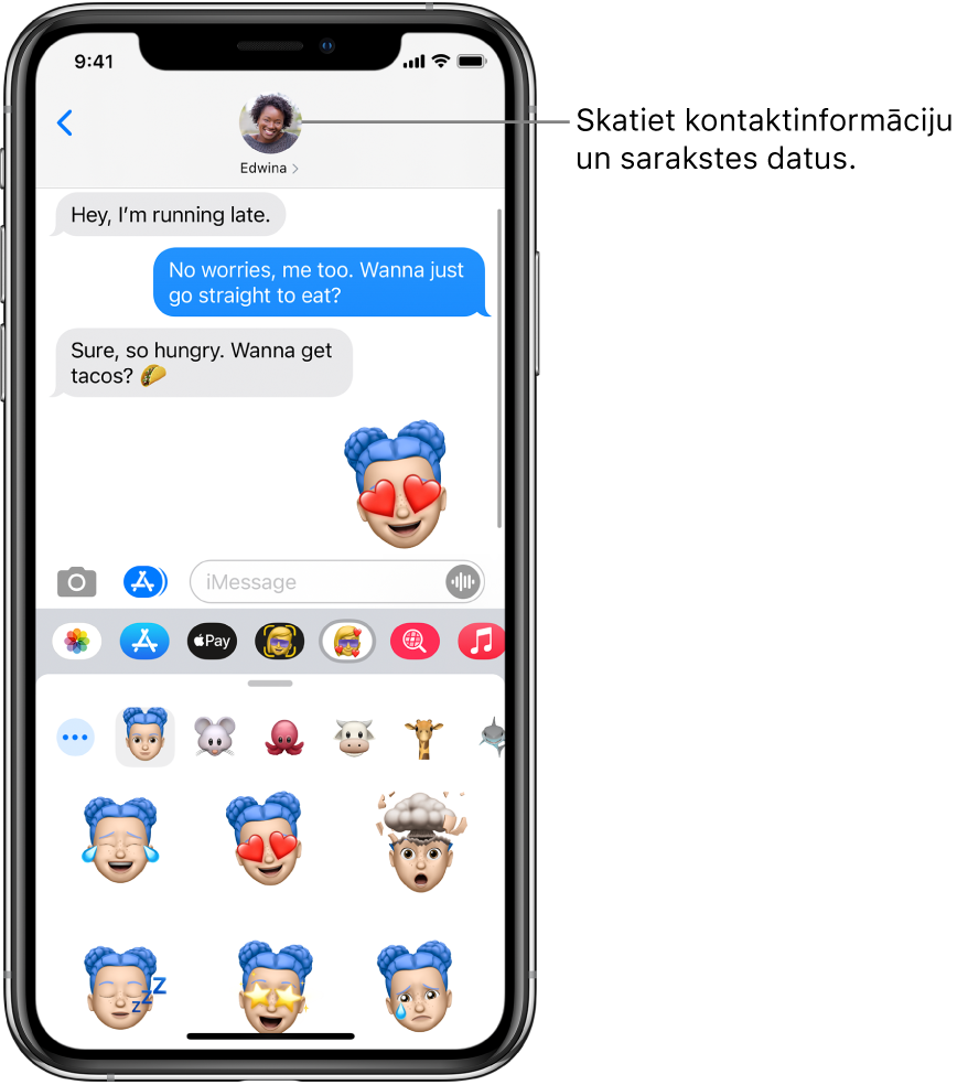Sarakste lietotnē Messages. Augšdaļā no kreisās puses uz labo atrodas poga Back un personas, kurai rakstāt, fotoattēls. Centrā atrodas sarakstes laikā nosūtītās un saņemtās ziņas. Apakšdaļā no kreisās puses uz labo ir pogas Photos, Stores, Apple Pay, Memoji, Hashtag Images, Music un Digital Touch.