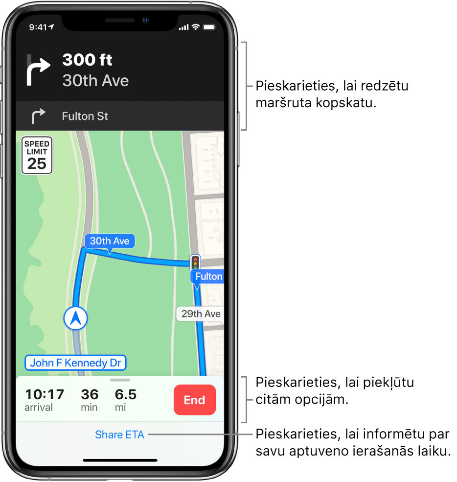 Karte, kurā parādīts braukšanas maršruts, tostarp norādījums pagriezties pa labi pēc 100 metriem. Kartes apakšdaļā pa kreisi no pogas End ir norādīts ierašanās laiks, laiks ceļā un kopējais attālums. Ekrāna apakšdaļā ir redzams elements Share ETA.