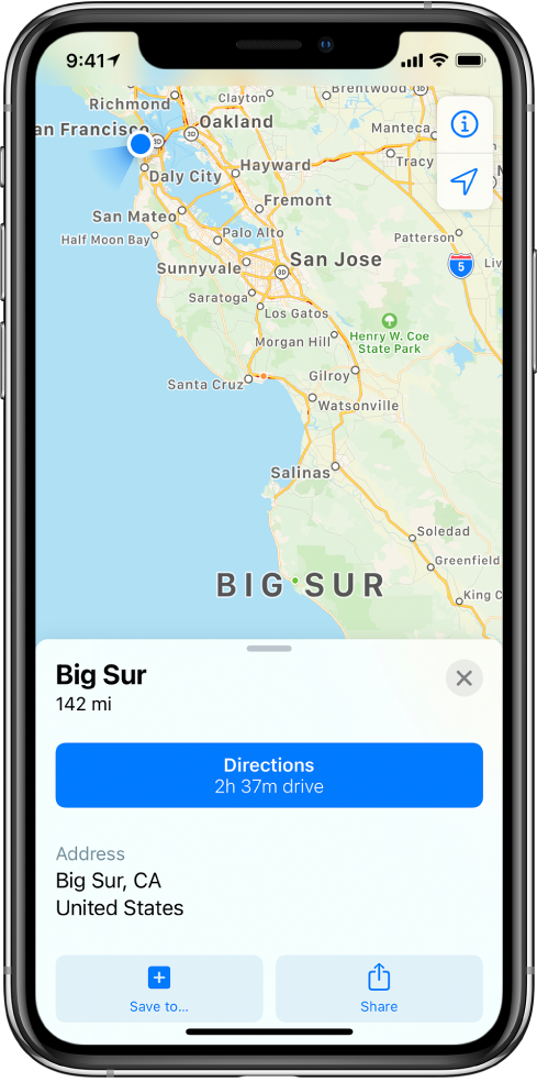 Um mapa com a ficha de informações para o Big Sur. O botão “Indicações” aparece no cartão de informações.