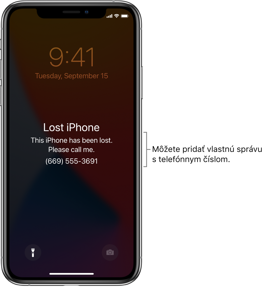 Zamknutá obrazovka iPhonu so správou: „Stratený iPhone. Tento iPhone je stratený. Zavolajte mi. (669) 555-3691.“ Môžete pridať vlastnú správu s vaším telefónnym číslom.