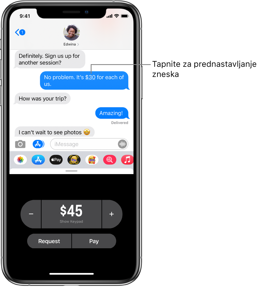 Pogovor iMessage z odprto aplikacijo Apple Pay na dnu.
