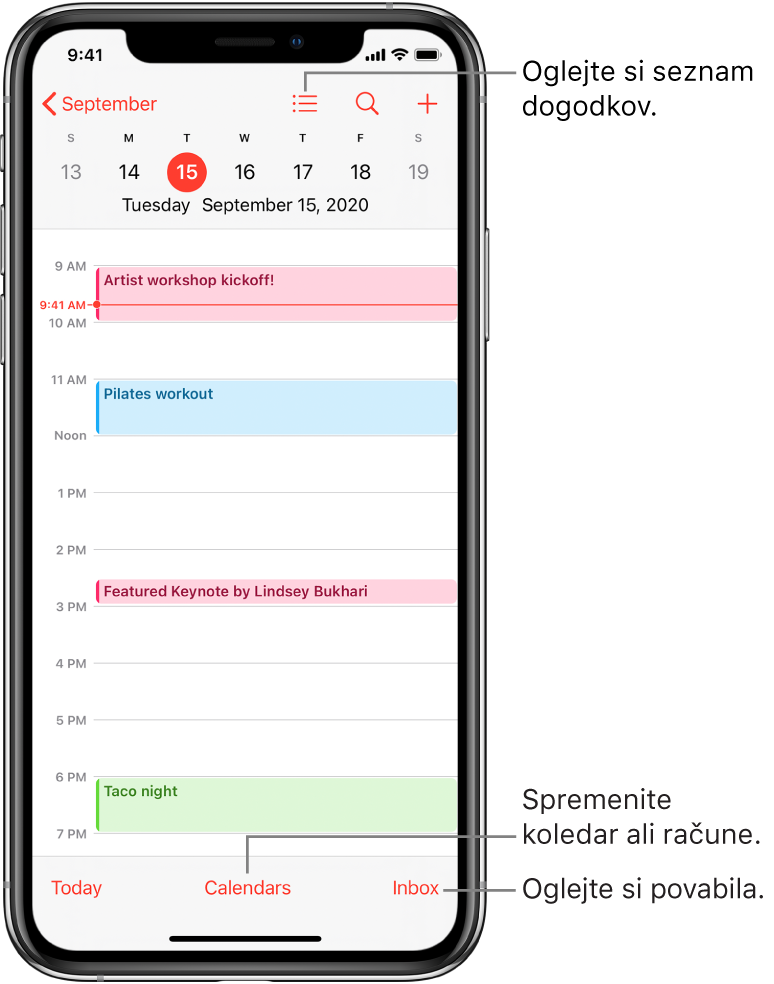 Koledar v dnevnem pogledu, ki prikazuje dogodke določenega dne. Tapnite gumb »Calendars« na spodnjem delu zaslona, da spremenite račun koledarja. Tapnite gumb »Inbox« v spodnjem desnem kotu zaslona, da si ogledate vabila.