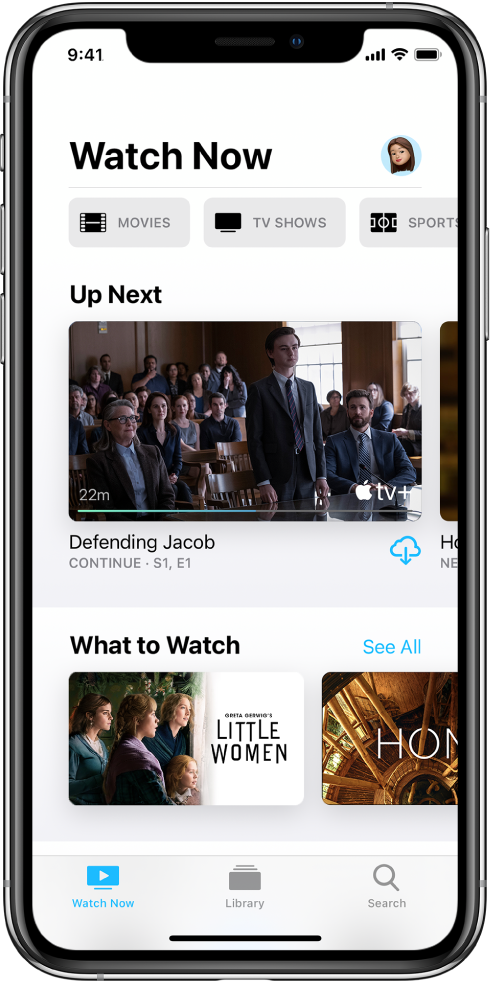 Ekrani Watch Now që tregon butonat për Movies, TV Shows dhe Sports në rreshtin e sipërm. Rreshti Up Next është në mes, mbi rreshtin What to Watch. Në pjesën e poshtme, nga e majta në të djathtë, ndodhen skedat Watch Now, Library dhe Search.