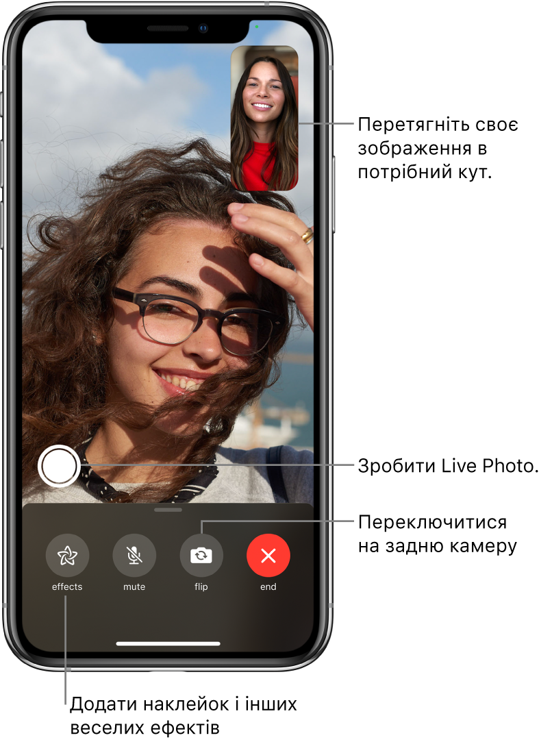 Екран FaceTime із поточним викликом. Ваше зображення з’являється в невеликому прямокутнику вгорі праворуч, а зображення співрозмовника заповнює решту екрана. У нижній частині екрана міститься рядок таких кнопок: «Ефекти», «Вимкнути звук», «Змінити камеру» та «Завершити». Над ними розташовано кнопку Live Photo.