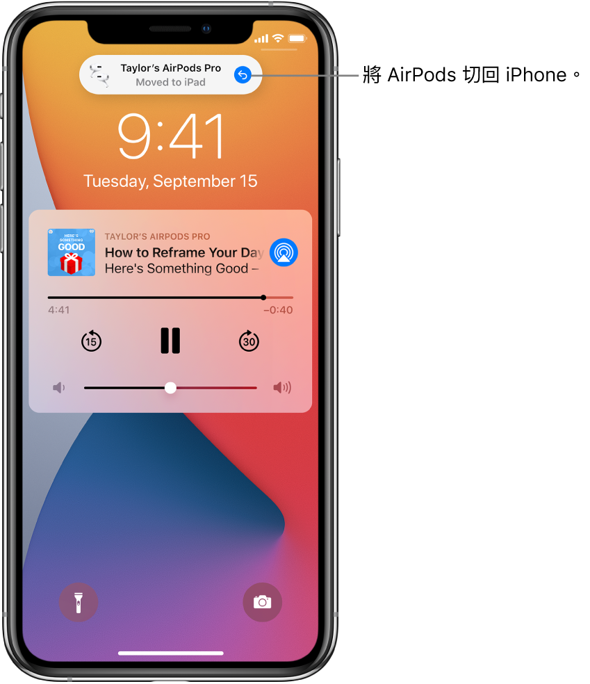 鎖定畫面最上方顯示「Taylor 的 AirPods Pro 已移至 iPad」訊息,以及用於將 AirPods 切換回 iPhone 的按鈕。