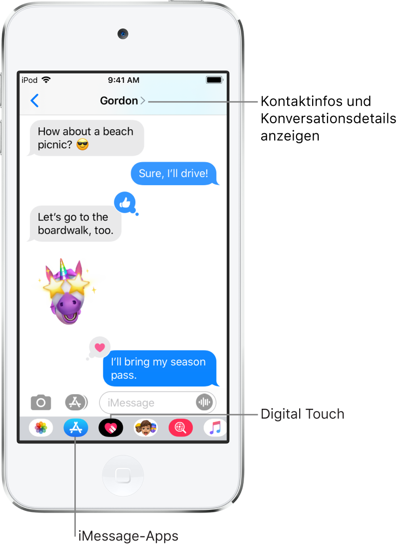 Eine Konversation in der App „Nachrichten“. Oben befinden sich von links nach rechts die Taste Zurück“ und der Name der Person, mit der du Textnachrichten austauschst. In der Mitte befinden sich die gesendeten oder während einer Konversation empfangenen Nachrichten. Am unteren Rand sind von links nach rechts die Tasten der Apps „Fotos“, „Stores“, „Hashtag-Bilder“, „Musik“, „Digital Touch“ und „iMessage“ zu sehen.