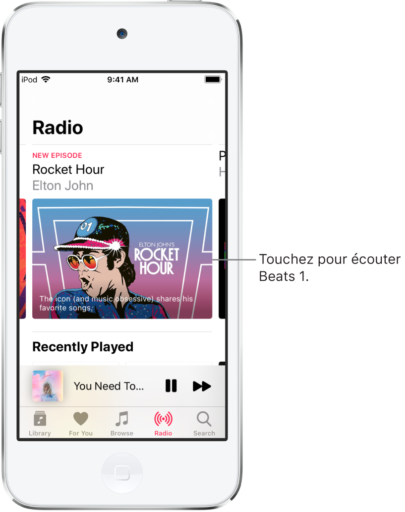 L’écran Radio affichant la radio Beats 1 en haut. Beats 1 et les stations de radio apparaissent en dessous.