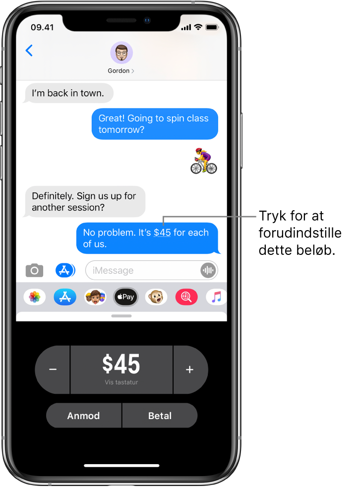 En iMessage-samtale med appen Apple Pay er åben nederst.