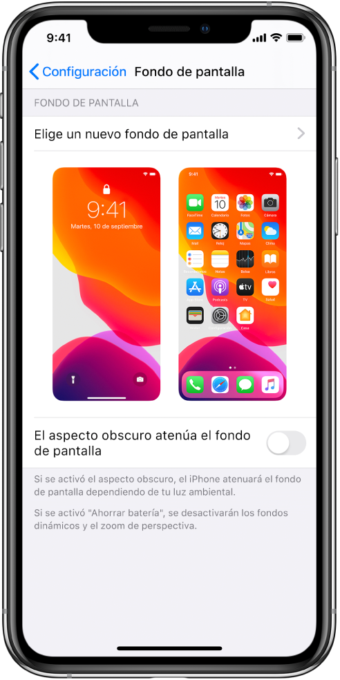 La pantalla de configuración del fondo de pantalla, con el botón para seleccionar un nuevo fondo en la parte superior, e imágenes de la pantalla bloqueada y de inicio con el fondo de pantalla actual.