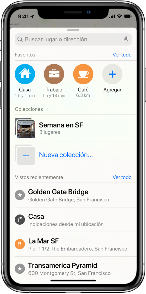 La tarjeta de búsqueda llena la pantalla. La sección Colecciones aparece debajo del campo de búsqueda y la fila Favoritos. En la lista Colecciones se encuentra una colección llamada "Semana en SF" y hay una opción para crear una colección nueva.