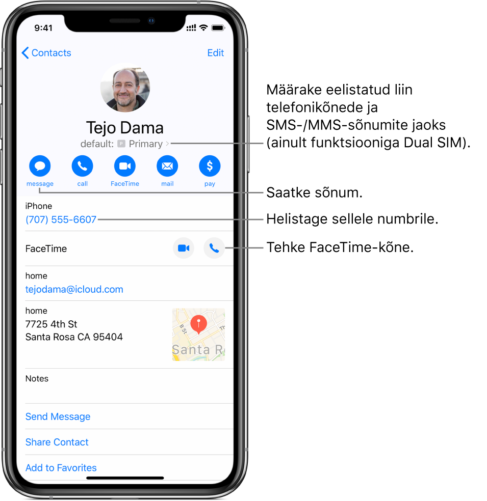Kontakti infomenüü. Üleval asub kontakti foto ja nimi. All asuvad nupud sõnumi saatmiseks, telefonikõne tegemiseks, FaceTime-kõne tegemiseks, e-kirja saatmiseks ja raha saatmiseks Apple Pay abil. Nuppude all asub kontaktiinfo.