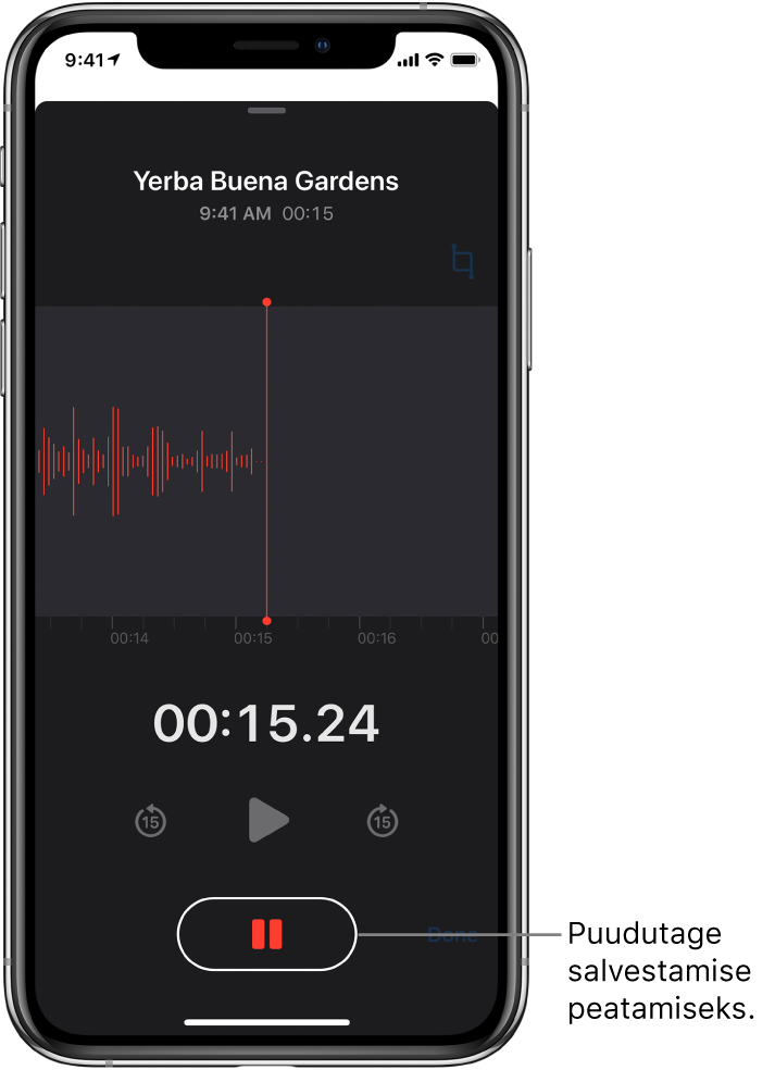 Rakenduses Voice Memos kuvatakse pooleliolevat salvestust, aktiivse nupuga Pause ning tuhmistatud juhtnuppudega esitamiseks, 15 sekundit edasi ja 15 sekundit tagasi liikumiseks. Ekraani põhiosas kuvatakse poolelioleva salvestuse lainekuju, koos ajaindikaatoriga.