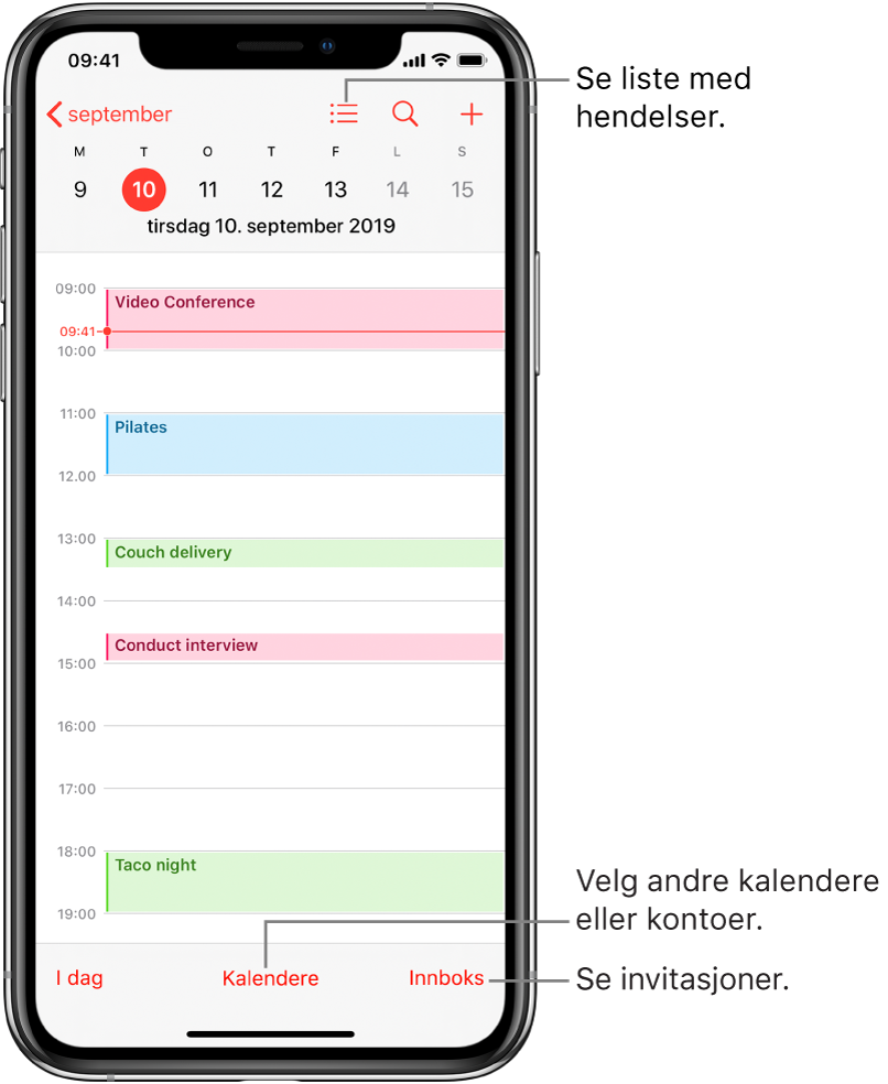 En kalender i dagsvisning som viser dagens hendelser. Trykk på Kalendere-knappen nederst på skjermen for å bytte kalenderkontoer. Trykk på Innboks-knappen nede til høyre for å se invitasjoner.