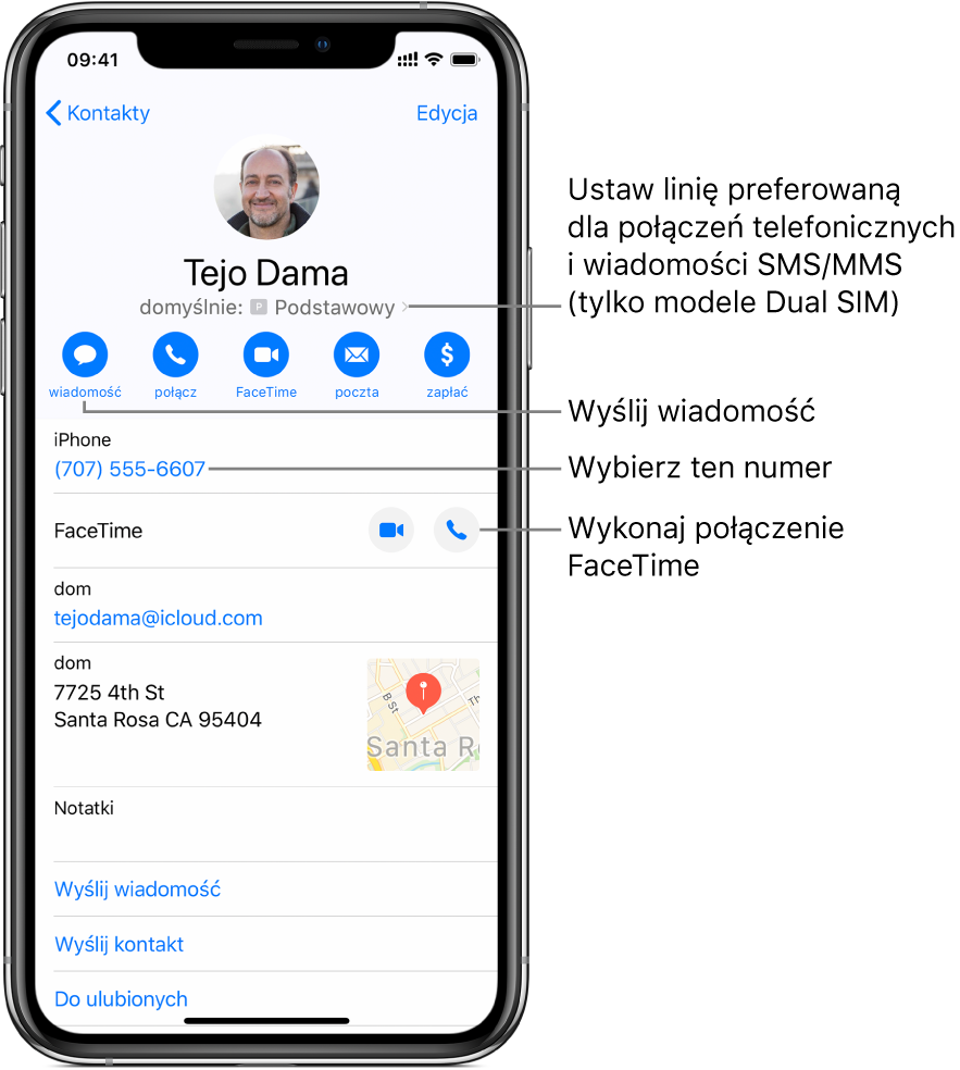 Ekran z danymi kontaktu. U góry wyświetlane jest zdjęcie i nazwa kontaktu. Poniżej znajdują się przyciski: wysyłania wiadomości, nawiązywania połączenia telefonicznego i FaceTime, wysyłania wiadomości email oraz wysyłania pieniędzy przez Apple Pay. Pod przyciskami znajdują się dane kontaktu.