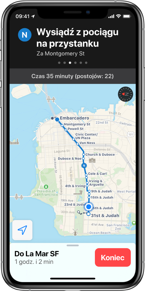 Mapa pokazująca trasę dojazdu transportem publicznym w San Francisco. Karta trasy widoczna u góry ekranu zawiera wskazówkę „Wysiądź z pociągu na przystanku Embarkadero”.