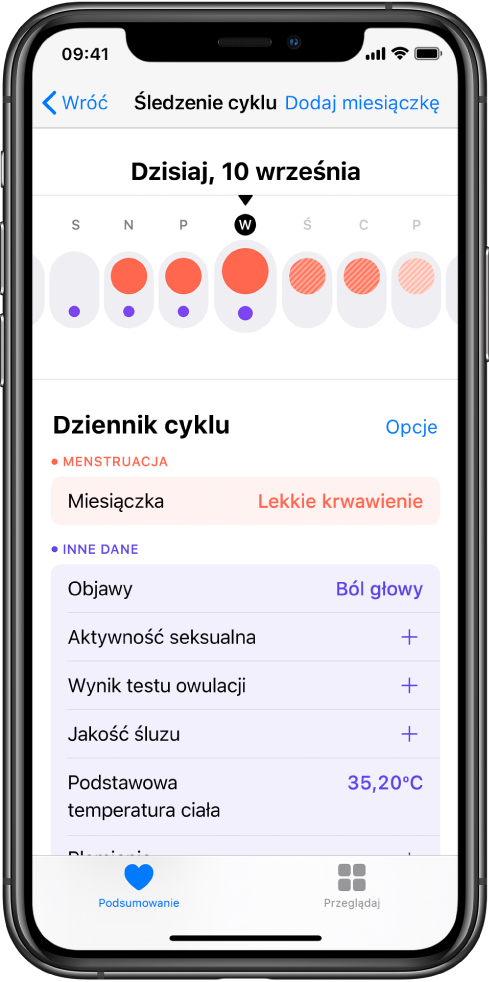 Ekran Śledzenie cyklu w aplikacji Zdrowie.