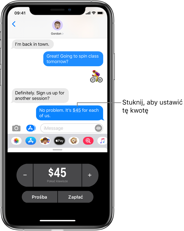 Rozmowa iMessage z aplikacją Apple Pay otwartą na dole.