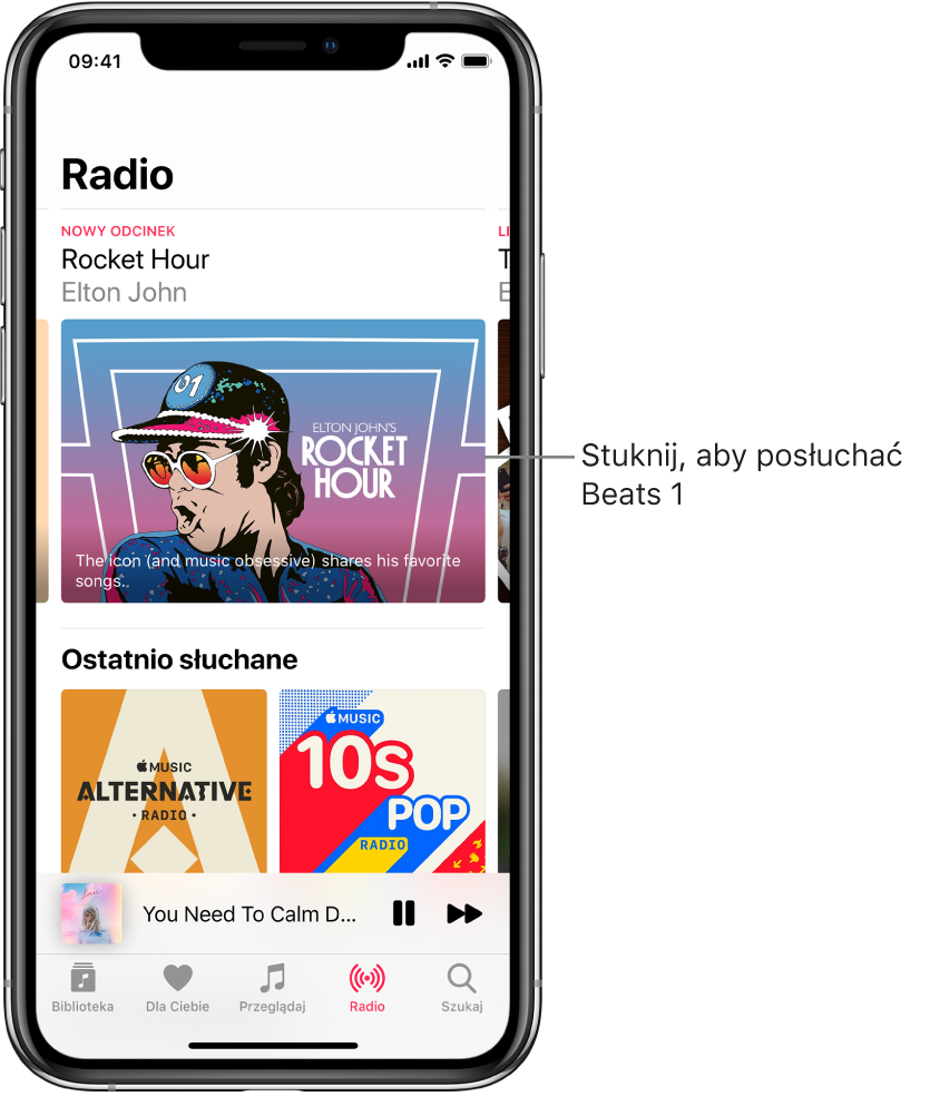 Ekran Radio. Na górze widoczne jest radio Beats 1. Poniżej znajdują się ostatnio odtwarzane pozycje.