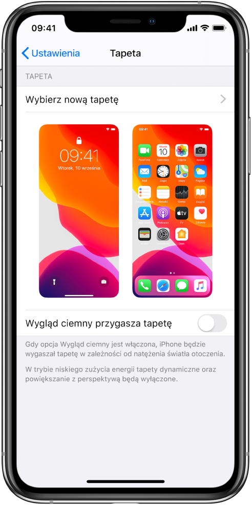 Ekran ustawień tapety z przyciskiem wyboru nowej tapety na górze oraz widokami zablokowanego ekranu i ekranu początkowego z bieżącymi tapetami poniżej.