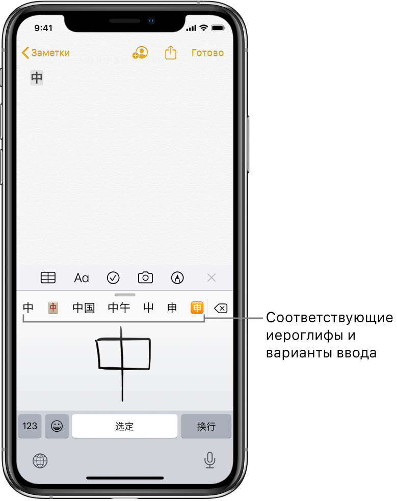 Приложение «Заметки» с сенсорной панелью, открытой в нижней половине экрана. В сенсорной панели отображается символ упрощенного китайского письма, нарисованный от руки. Предложенные символы появляются выше, а выбранный символ — в верхней части заметки.