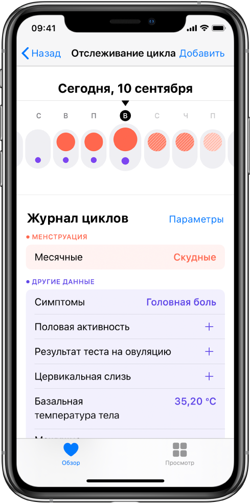 В верхней части экрана «Отслеживание цикла» показана недельная временная шкала. Первые три дня выделены сплошными красными кружками, а последние два — светло синими. Под временной шкалой расположены параметры для добавления информации о месячных, симптомах и др.