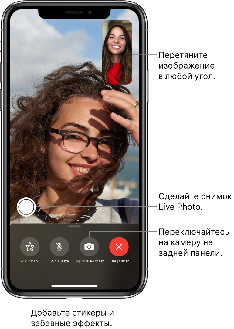 Экран FaceTime, на котором отображается активный вызов. Вид с Вашей камеры отображается в небольшом прямоугольнике в правом верхнем углу, а вид с камеры собеседника заполняет остальную часть экрана. Вдоль нижнего края экрана расположены кнопки эффектов, отключения звука, переключения камеры и завершения вызова. Над ними отображается кнопка для снимка Live Photo.