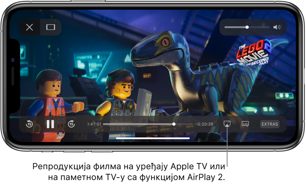 На екрану iPhone-а репродукује се филм. При дну екрана смештене су контроле за репродукцију, укључујући дугме Screen Mirroring с десне стране.
