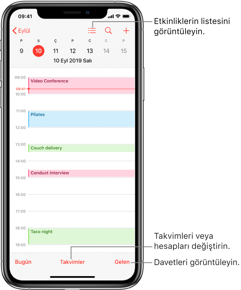 Günün etkinliklerinin görüntülendiği gün görüntüsünde bir takvim. Takvim hesaplarını değiştirmek için ekranın alt kısmındaki Takvimler düğmesine dokunun. Davetleri görüntülemek için sağ alttaki Gelen düğmesine dokunun.