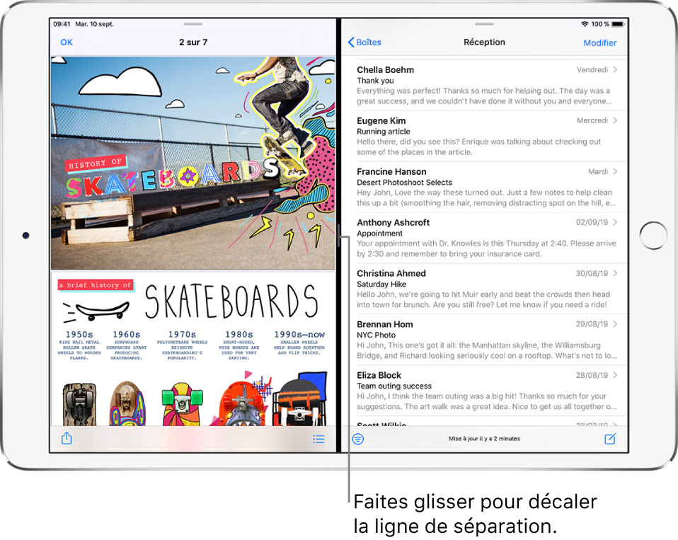 Une app graphique est ouverte sur le côté gauche de l’écran et Mail est ouvert sur le côté droit. Une légende relative à la ligne sombre entre eux indique « Faites glisser pour redimensionner le séparateur ».