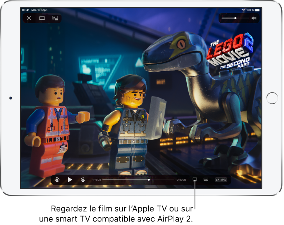 Un film en cours de lecture sur l’écran de l’iPad En bas de l’écran se trouvent les commandes de lecture, notamment le bouton « Recopie de l’écran » en bas à droite.