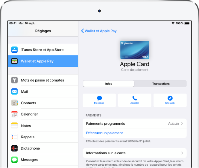 L’écran des détails de la carte Apple Card, montrant le solde en haut à droite.