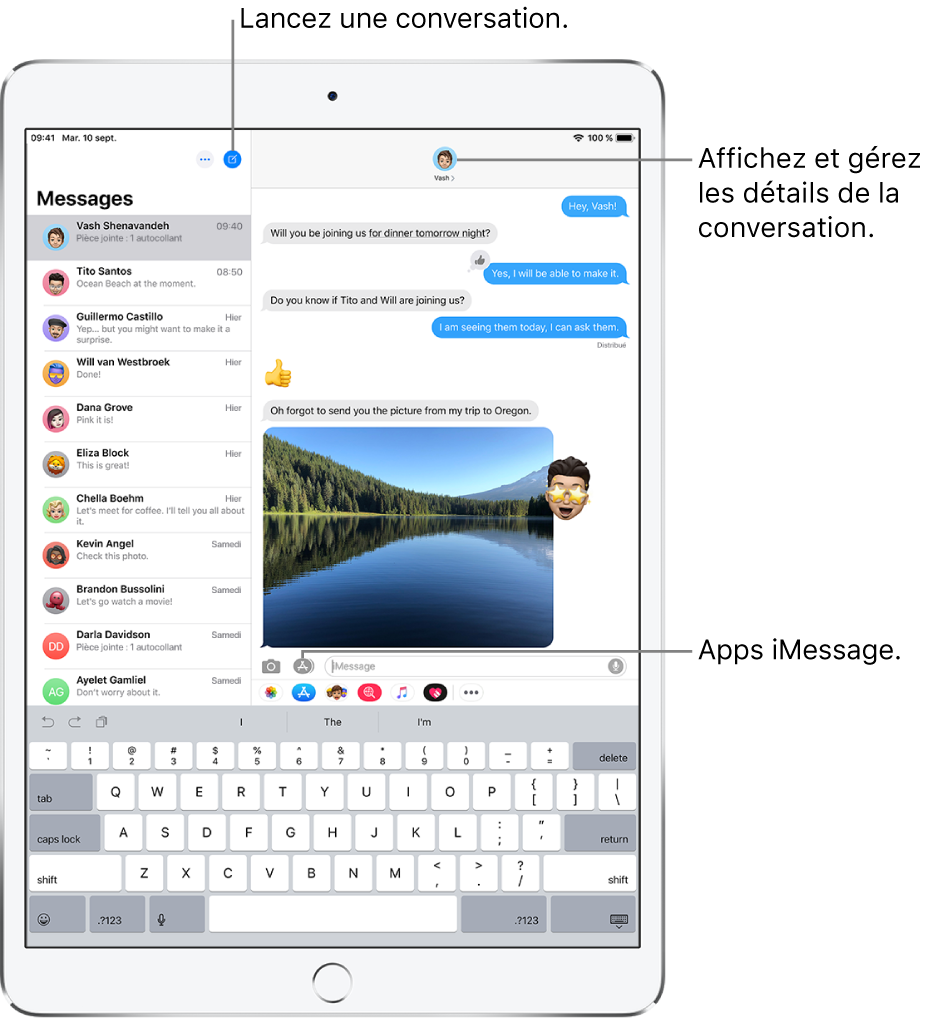 Liste de messages sur la gauche et conversation sur la droite. En haut de la liste Messages, à gauche et à droite se trouvent, respectivement, les boutons Modifier et Rédiger. En haut à droite de la fenêtre de conversation se trouve le bouton Plus d’infos. En bas de la fenêtre de conversation, de gauche à droite, se trouvent les boutons Joindre un fichier, Digital Touch et Apps de messagerie, le champ de texte, ainsi que le bouton Enregistrement audio.