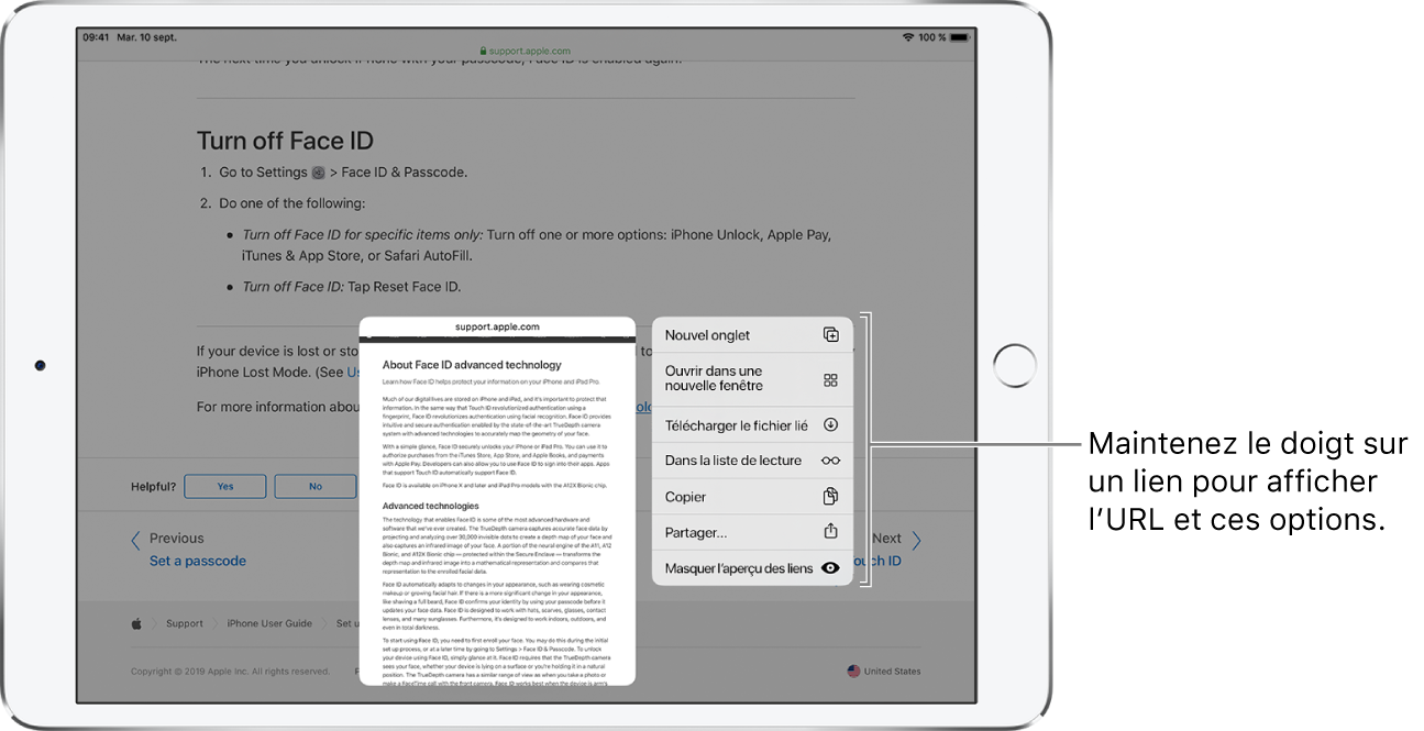 Une superposition présentant l’adresse de destination et une liste d’actions possibles : Ouvrir, Ouvrir dans un nouvel onglet, Ouvrir dans Split View, Ajouter à la liste de lecture, Copier ou Partager.