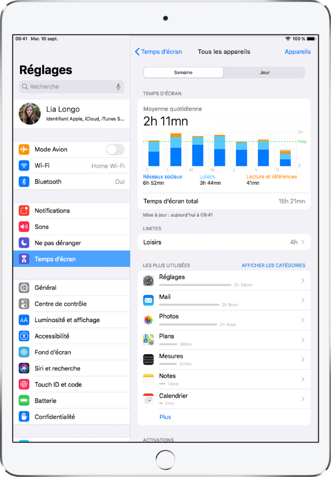 Un rapport hebdomadaire de « Temps d’écran » affichant la durée totale consacrée aux apps, la durée par catégorie et la durée par app.
